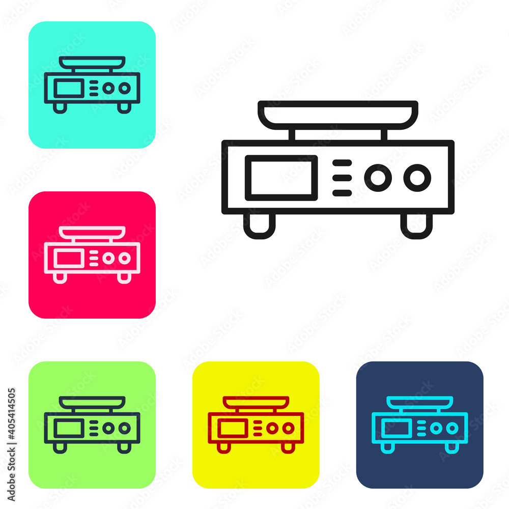 Black line Electronic scales icon isolated on white background. Weight measure equipment. Set icons in color square buttons. Vector. Black line Electronic scales icon isolated on white background. Weight measure equipment. Set icons in color square buttons. Vector.