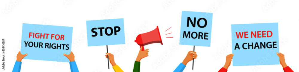 People with protest placards on a strike. Protesters holding posters, vector illustration People with protest placards on a strike. Protesters holding posters, vector illustration