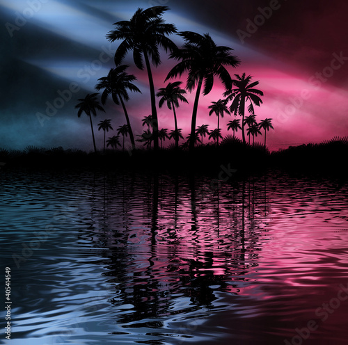 Night landscape with palm trees  against the backdrop of a neon sunset  stars. Silhouette coconut palm trees on beach at sunset. Space futuristic neon landscape. Beach party. 