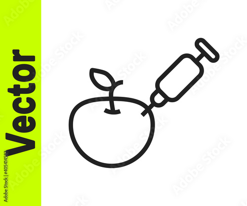 Black line Genetically modified apple icon isolated on white background. GMO fruit. Syringe being injected to apple. Vector.
