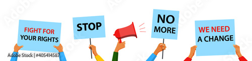 People with protest placards on a strike. Protesters holding posters, vector illustration