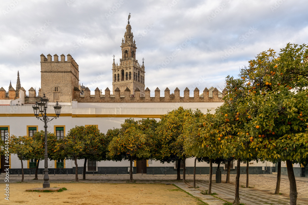 the historic Patio de Banderas in Seville with the cathedral in the background