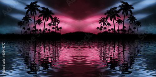 Night landscape with palm trees, against the backdrop of a neon sunset, stars. Silhouette coconut palm trees on beach at sunset. Space futuristic neon landscape. Beach party. 