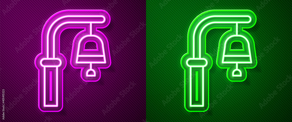 Glowing neon line Train station bell icon isolated on purple and green background. Vector. Glowing neon line Train station bell icon isolated on purple and green background. Vector.