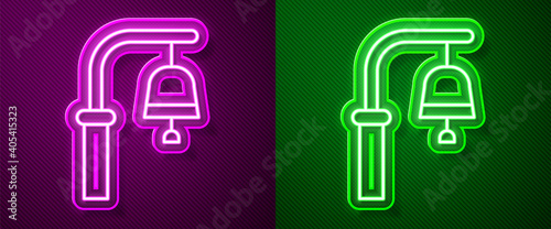 Glowing neon line Train station bell icon isolated on purple and green background. Vector.