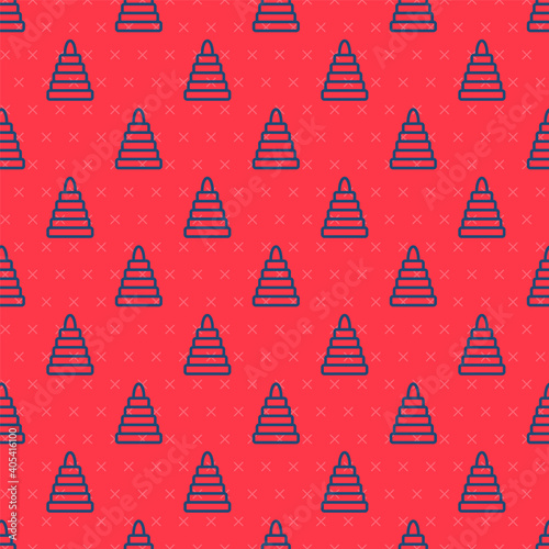 Blue line Pyramid toy icon isolated seamless pattern on red background. Vector.