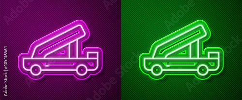 Glowing neon line Passenger ladder for plane boarding icon isolated on purple and green background. Airport stair travel. Vector.