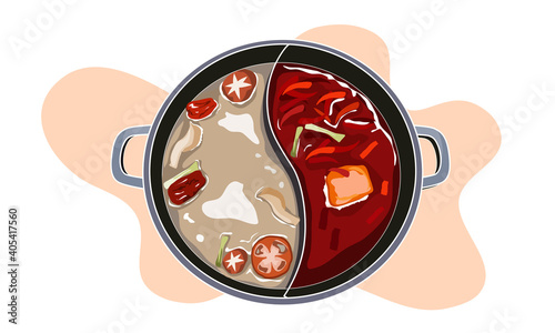Hot pot in two style of soup, spicy and non spicy soup. Food vector illustration on white background.