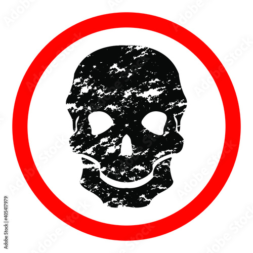Old black shabby skull on white background, red round sign, vector illustration