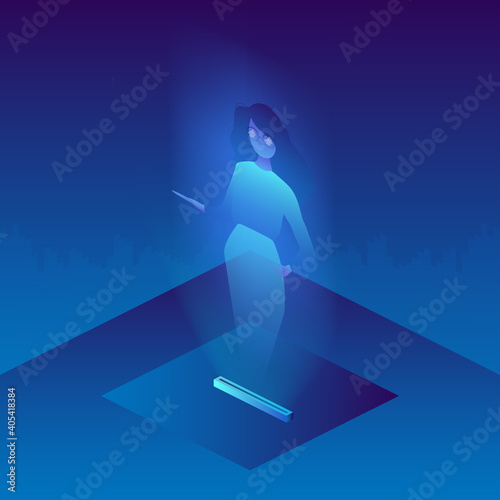 A hologram of a girl with glasses. Futuristic silhouette of a girl in neon light. Isometric style. Vector.