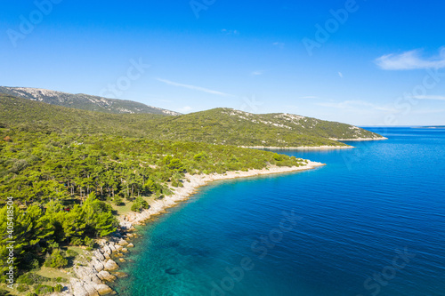 Amazing seascape on Adriatic sea, long shore of the island of Losinj in Croatia, aerial view from drone