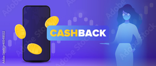 Cashback banner. Gold coins in flight, telephone. A hologram of a girl with glasses. Futuristic silhouette of a girl in neon light. Vector.