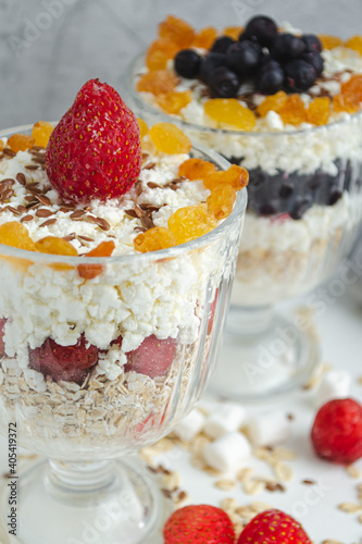 Healthy breakfasts oatmeal with berries and cottage cheese. Healthy diet. 