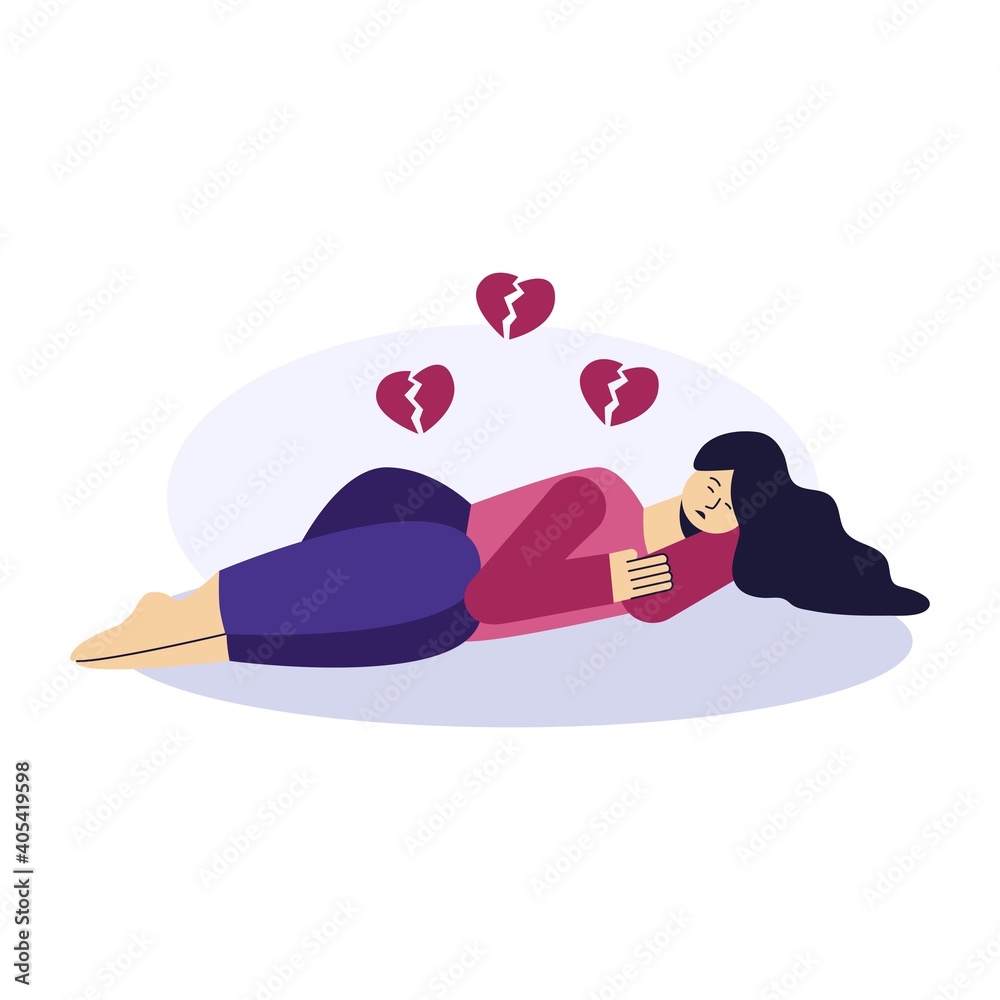 Sad woman lying on the ground. A woman crying. Upset girl looking down. Depression psychology concept. Flat character vector illustration.
