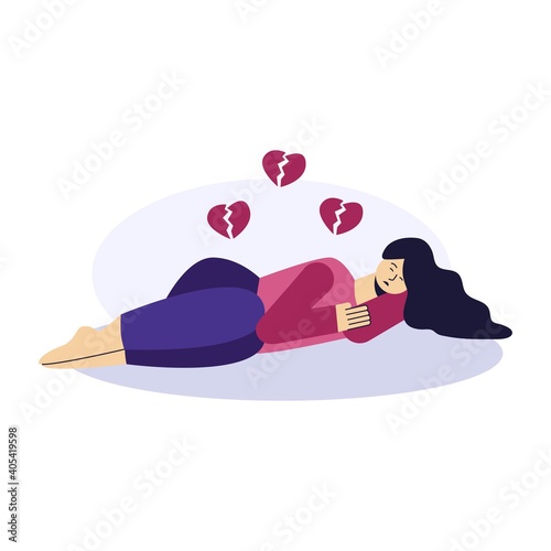 Sad woman lying on the ground. A woman crying. Upset girl looking down. Depression psychology concept. Flat character vector illustration.
