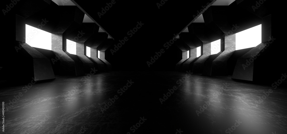 A dark corridor lit by white neon lights. Reflections on the floor and walls. 3d rendering image. A dark corridor lit by white neon lights. Reflections on the floor and walls. 3d rendering image.