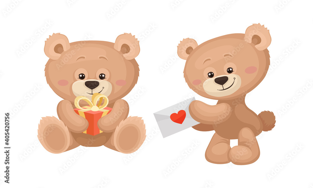 Cute Cartoon Teddy Bear Holding Gift Box and Letter Envelope Vector Set Cute Cartoon Teddy Bear Holding Gift Box and Letter Envelope Vector Set
