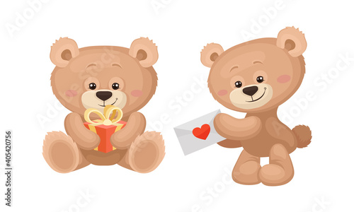 Cute Cartoon Teddy Bear Holding Gift Box and Letter Envelope Vector Set