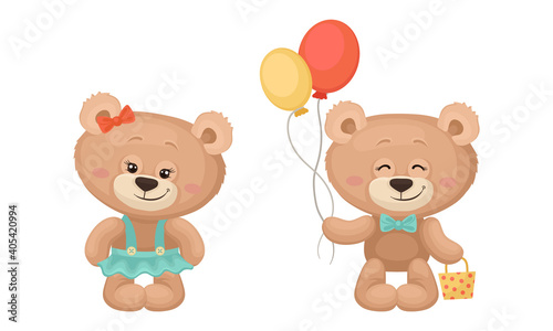 Cute Cartoon Teddy Bear Holding Bunch of Balloons Vector Set © Happypictures