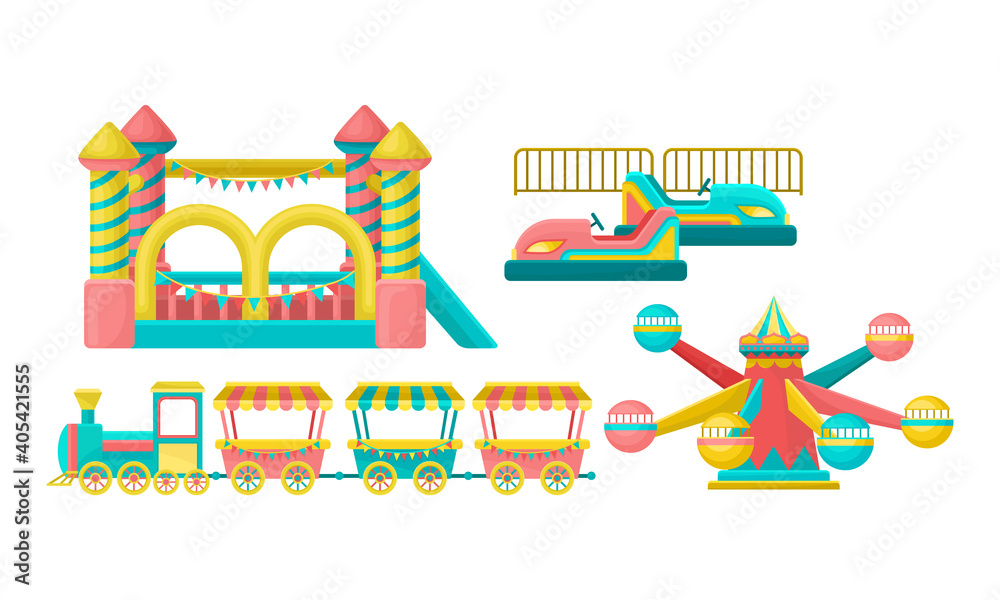 Amusement or Entertainment Park with Attractions Like Merry-go-round and Bouncy Castle Vector Set
