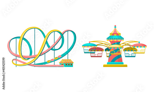 Amusement or Entertainment Park with Attractions Like Merry-go-round and Roller Coaster Vector Set