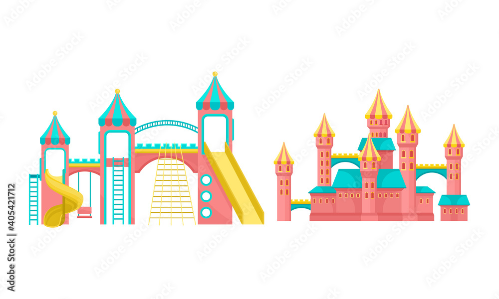 Castle with Ladders and Slide as Amusement or Entertainment Park Attractions Vector Set
