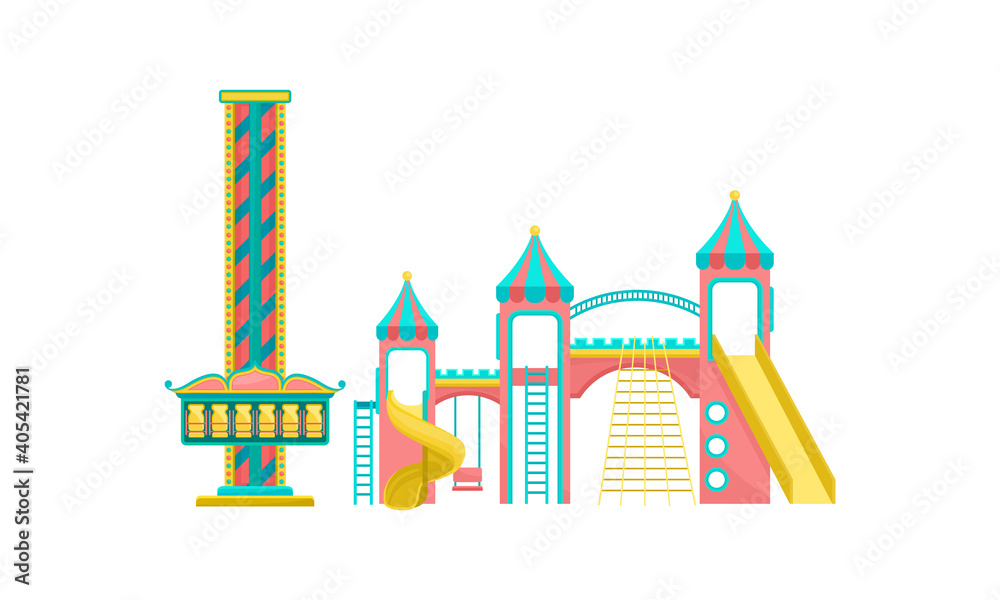 Fototapeta premium Castle with Ladders and Slide as Amusement or Entertainment Park Attractions Vector Set