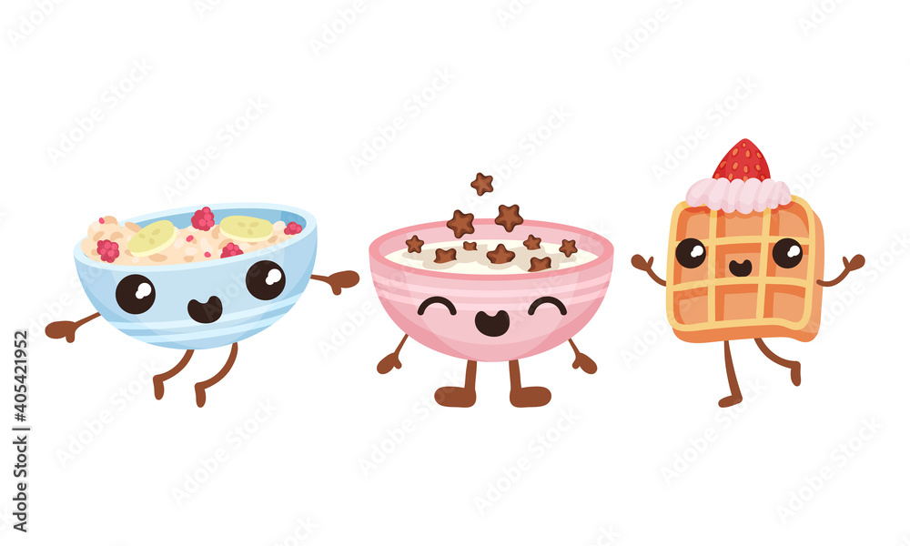Smiling Kawaii Cereal with Milk and Gaufre with Face and Arms Vector Set  vector de Stock | Adobe Stock