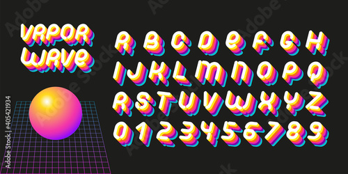 Vaporwave font. Letters of 70s-80s aesthetics. Vector alphabet in retro futurism style.
