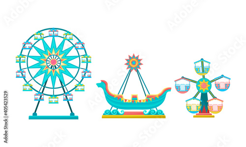 Merry-go-round with Horses as Amusement or Entertainment Park Attractions Vector Set
