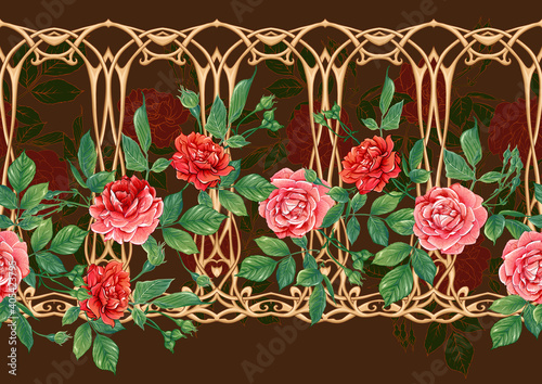 Vintage roses in a decorative imitation of a wicker basket made of twigs seamless pattern, background in art nouveau style, old, retro style. Colored vector illustration