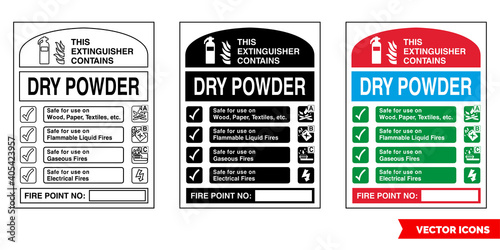 This extinguisher contains dry powder fire extinguisher id sign icon of 3 types color, black and white, outline. Isolated vector sign symbol.