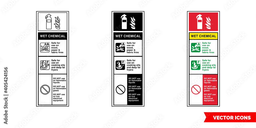 Wet chemical fire extinguisher id sign icon of 3 types color, black and white, outline. Isolated vector sign symbol. Wet chemical fire extinguisher id sign icon of 3 types color, black and white, outline. Isolated vector sign symbol.