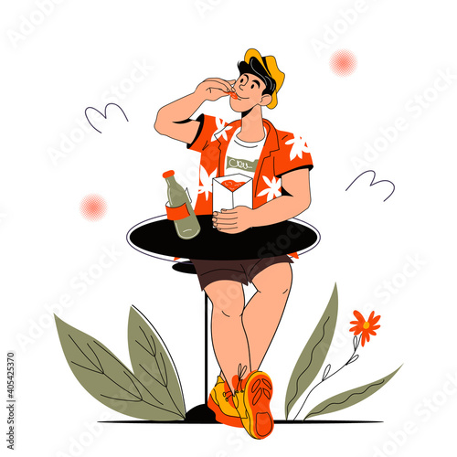 Young man eating snacks from a box, cartoon vector illustration isolated on white background. Fast food cafe or restaurant meals. Young guy sitting at table and eating.