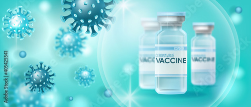 COVID-19 prevention, coronavirus vaccine blue concept with medical vial, disease molecule, bubble. Global pandemic scientific vector background. Coronavirus vaccine outbreak protection lab banner
