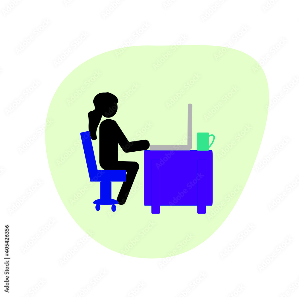 stick man girl working on laptop, remote work, home office, coronavirus infection prevention stick man girl working on laptop, remote work, home office, coronavirus infection prevention