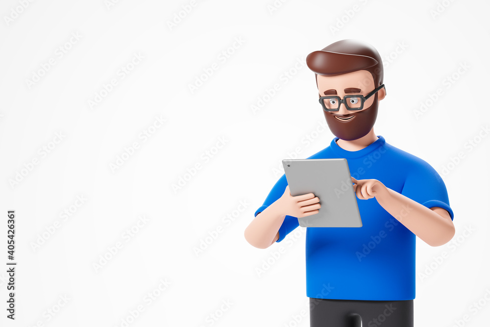 Cartoon handsome character beard man in blue tshirt  looking at digital tablet over white background.
