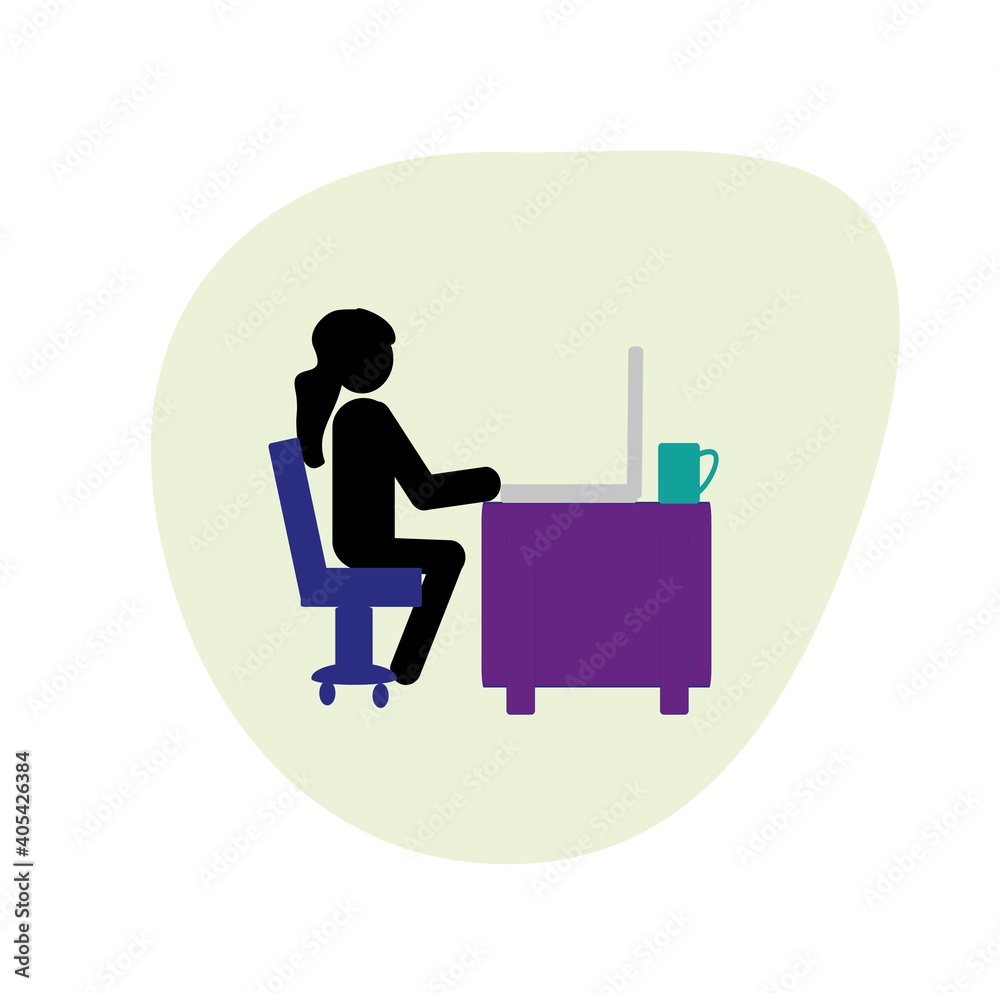 stick man girl working on laptop, remote work, home office, coronavirus infection prevention stick man girl working on laptop, remote work, home office, coronavirus infection prevention