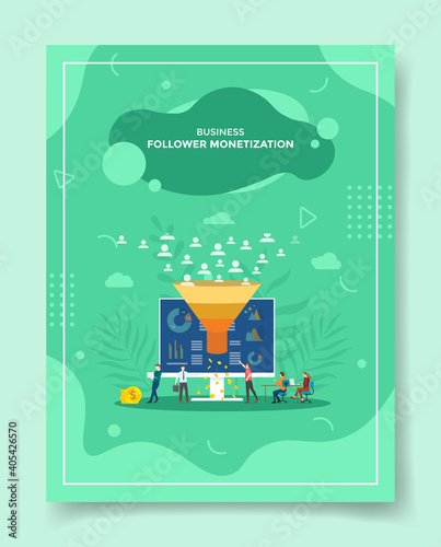 follower monetization concept people around computer funnel money for template of banners, flyer, books cover, magazine with liquid shape flat style