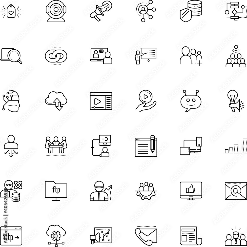 communication vector icon set such as: table, sales, file, virtual, low, tune, magnifier, planning, flow, art, opinions, daily, e-mail, look, chart, menu, society, header, photo, tube, lecturer