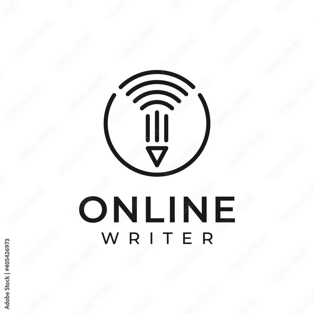 logo design for online writer with pencil illustration and wifi icon in line art style isolated on white background logo design for online writer with pencil illustration and wifi icon in line art style isolated on white background