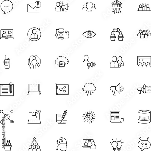 communication vector icon set such as: protection, resources, home, mockup, therapy, brainstorm, display, character, mail, female, shout, workforce, university, talkie, hand, prohibited, template