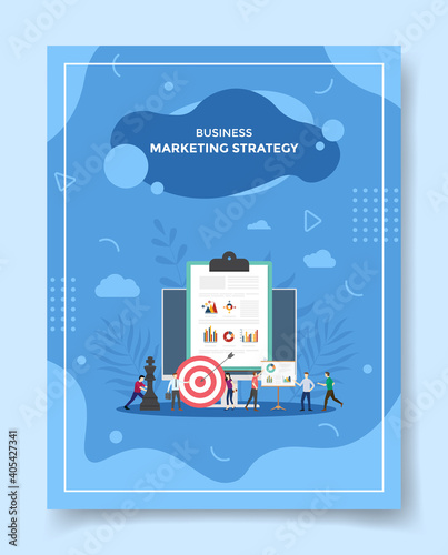 marketing strategy concept people around computer chart clip board chess dart for template of banners, flyer, books cover, magazine with liquid shape flat style
