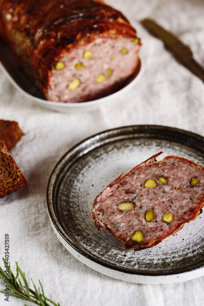 Terrine. Meatloaf. Traditional French cuisine loaf of meat, similar to