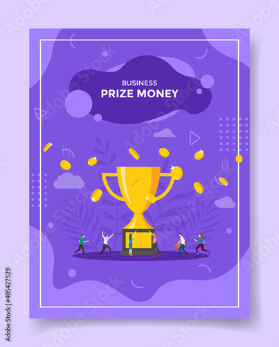 prize money concept people around big trophy money fall for template of banners, flyer, books cover, magazine with liquid shape flat style