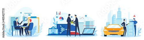 Bribe, baksheesh, corruption concept, set of vector illustration. Businessman holding stack of money in hand offering bribe, poloceman and financial bribery. Corrupted business or financial crime.