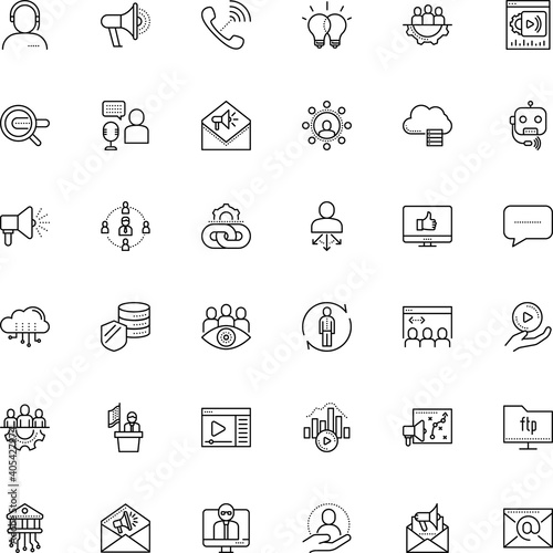 communication vector icon set such as: protocol, course, like, file, figure, developer, patient, advertising, two, care, pay, job, protection, propaganda, telemarketing, system, monitor, workforce