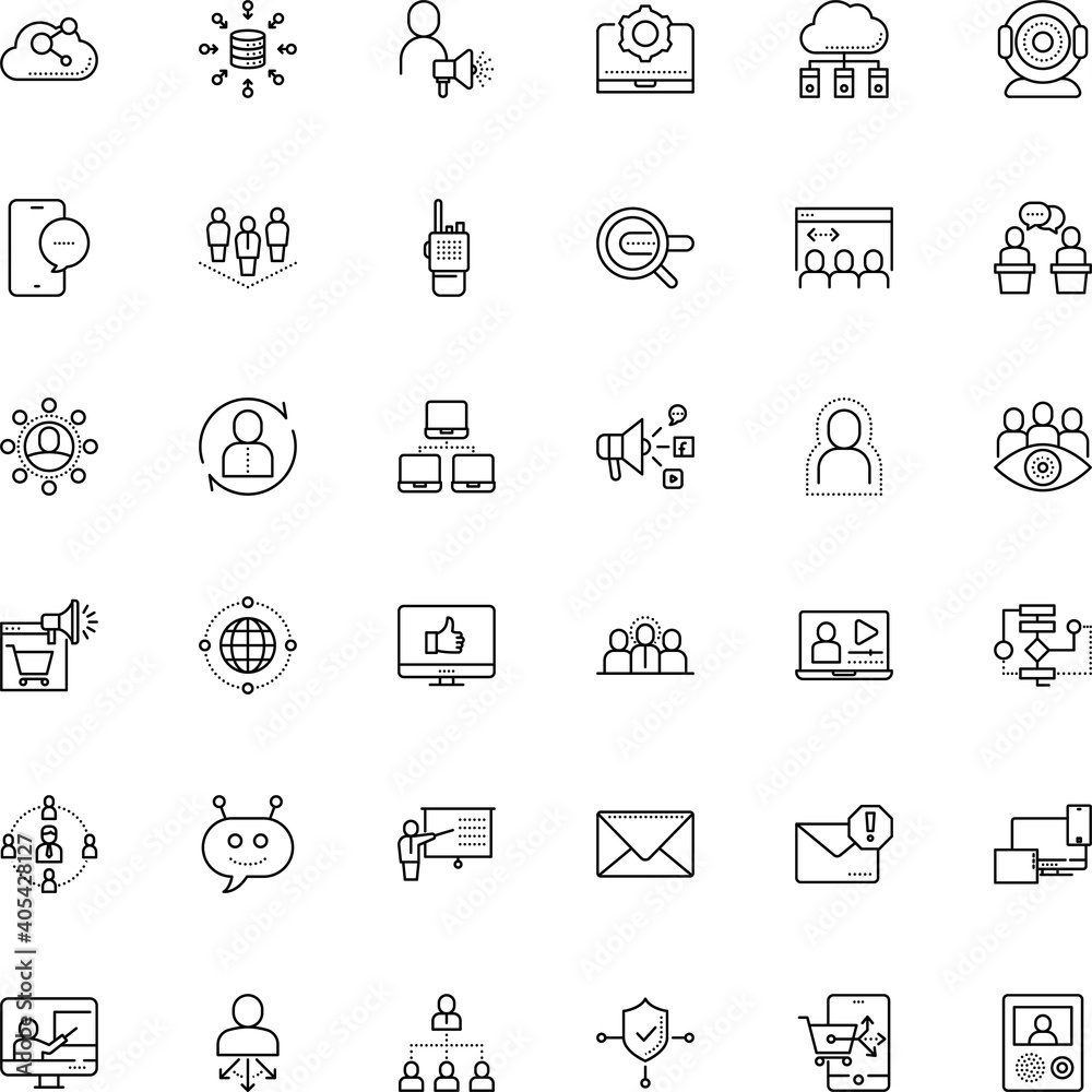 communication vector icon set such as: class, machine, pad, aggregation, robot, distance, survey, delegate, doorbell, lock, secure, council, thin, click, cam, character, stay at home, channel