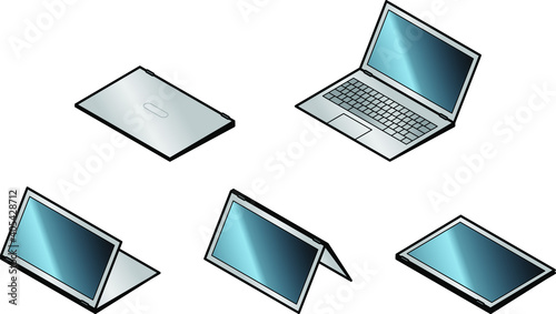 A convertible ultrabook laptop computer with a 360-degree hinge. Screen shown in 5 orientations: closed, laptop mode, stand mode, tent mode, and tablet mode.