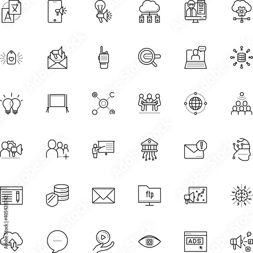 communication vector icon set such as: financial, vocabulary, spam, cyber, camera, datacenter, consulting, cloudscape, display, brainstorm, client, show, workshop, map, coach, monitor, cyborg, earth